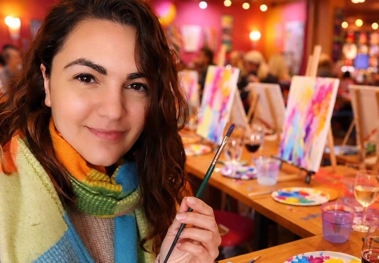 Jessa, founder of Paint n Sip Designs, holding a paintbrush at a paint & sip event