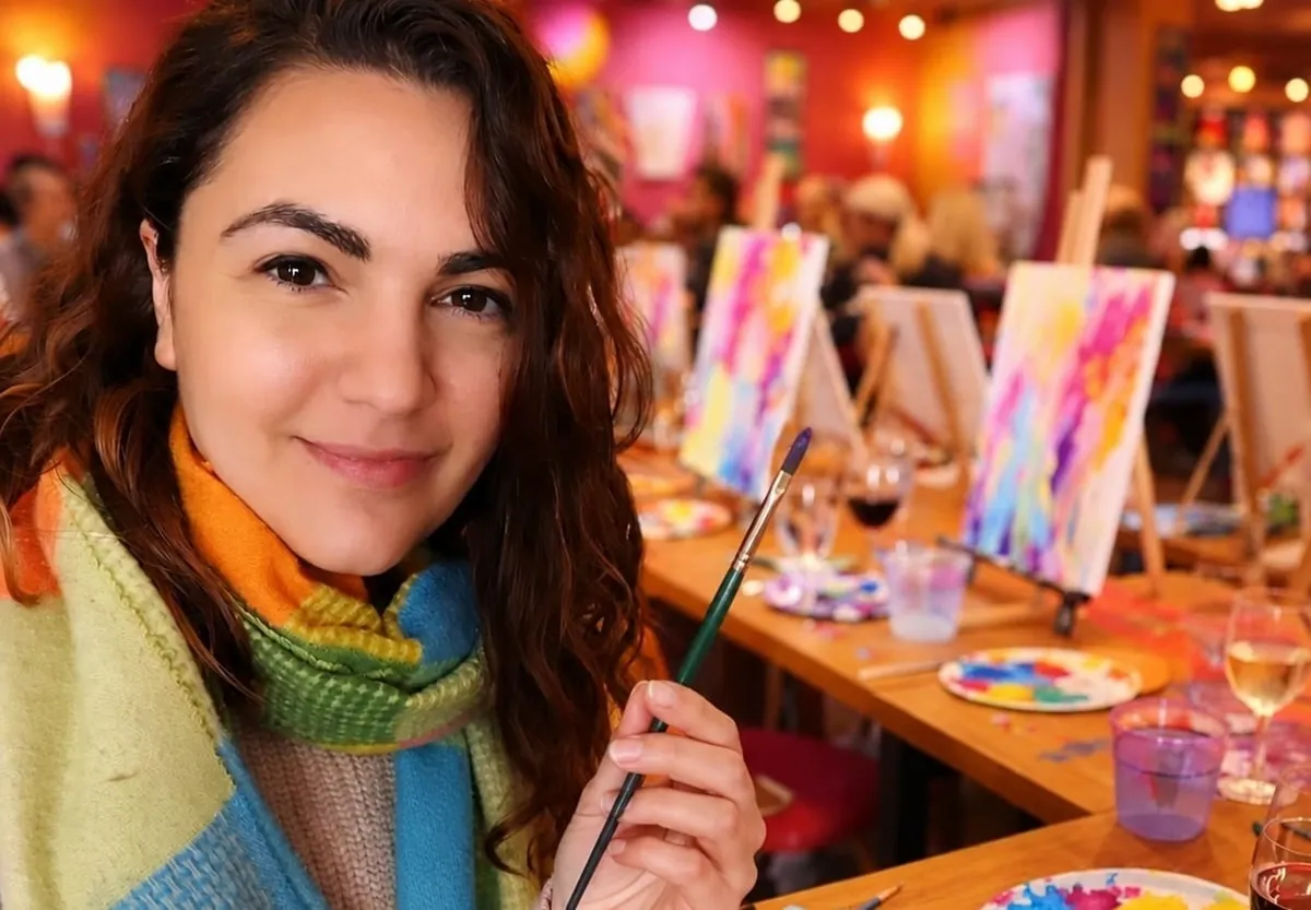 Jessa, founder of Paint n Sip Designs, holding a paintbrush at a paint & sip event