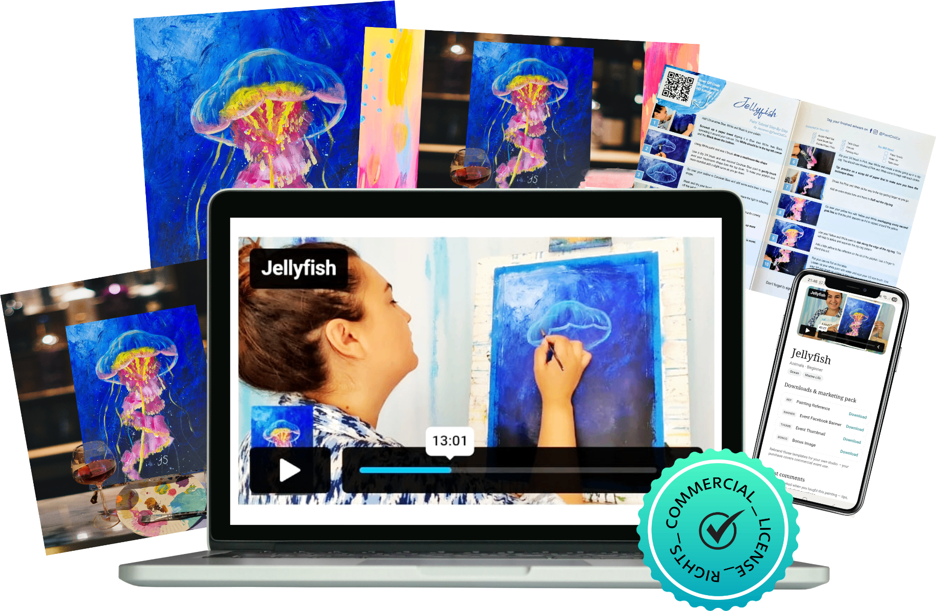 Jellyfish paint & sip design showcase — posters, video tutorial on laptop, printed instructions and mobile app preview